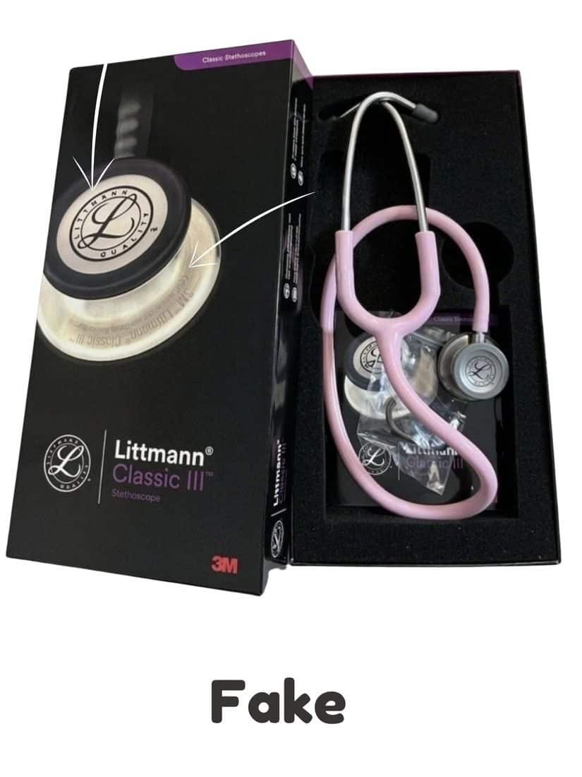 Counterfeit 3M Littmann Classic III stethoscope box with pink tube