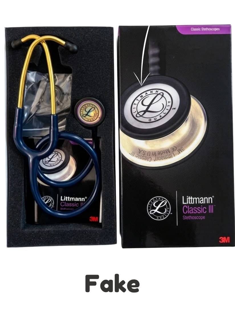 Fake 3M Littmann Classic III stethoscope and box with gold tube
