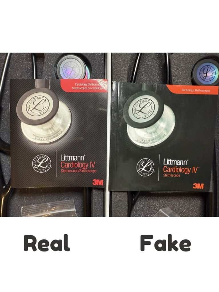Genuine vs. fake 3M Littmann Cardiology IV stethoscope boxes side by side