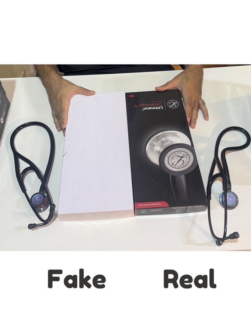 Counterfeit Littmann Cardiology IV box next to a genuine box on a table