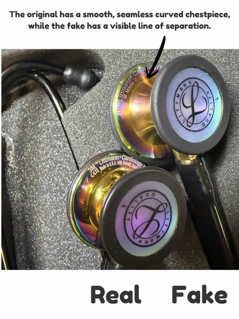 Genuine seamless Littmann chestpiece vs fake with a visible separation line