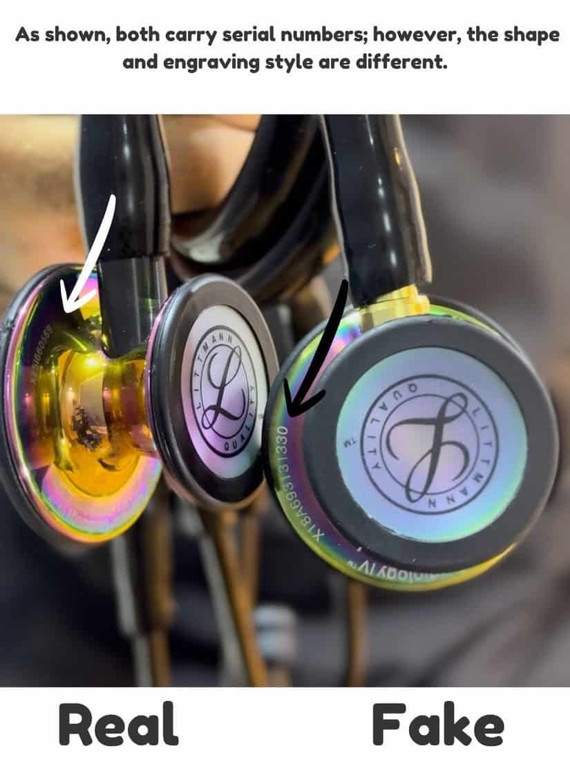 Littmann stethoscope serial numbers compared, real vs fake engraving