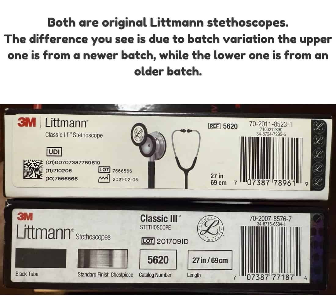 Two genuine Littmann Classic III boxes showing batch variation