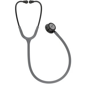 Full 3M Littmann Classic III stethoscope with gray tubing coiled, smoke-finish chestpiece